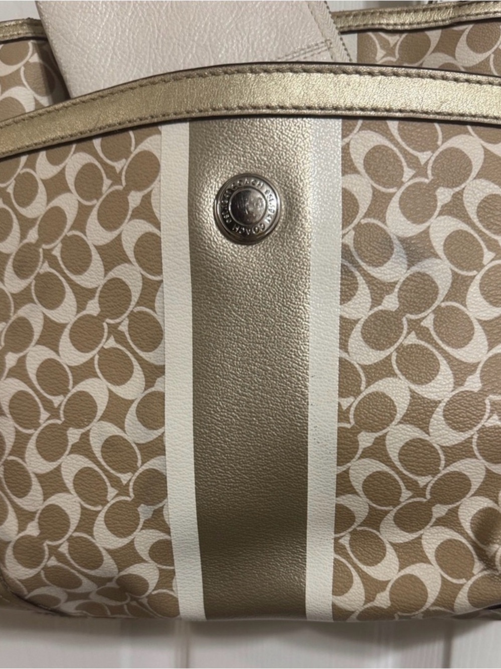 Vintage Coach Signature Stripe Tote Bag Gold Khaki + Matching Leather Wristlet - Picture 4 of 15